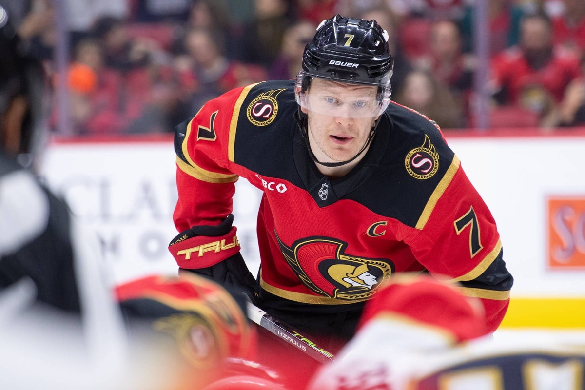  Apr 9, 2026; Ottawa, Ontario, CAN; Ottawa Senators left wing Brady Tkachuk (7) gets in position for a face off in the first period against the Florida Panthers at the Canadian Tire Centre. Mandatory Credit: Marc DesRosiers-IMAGN Images