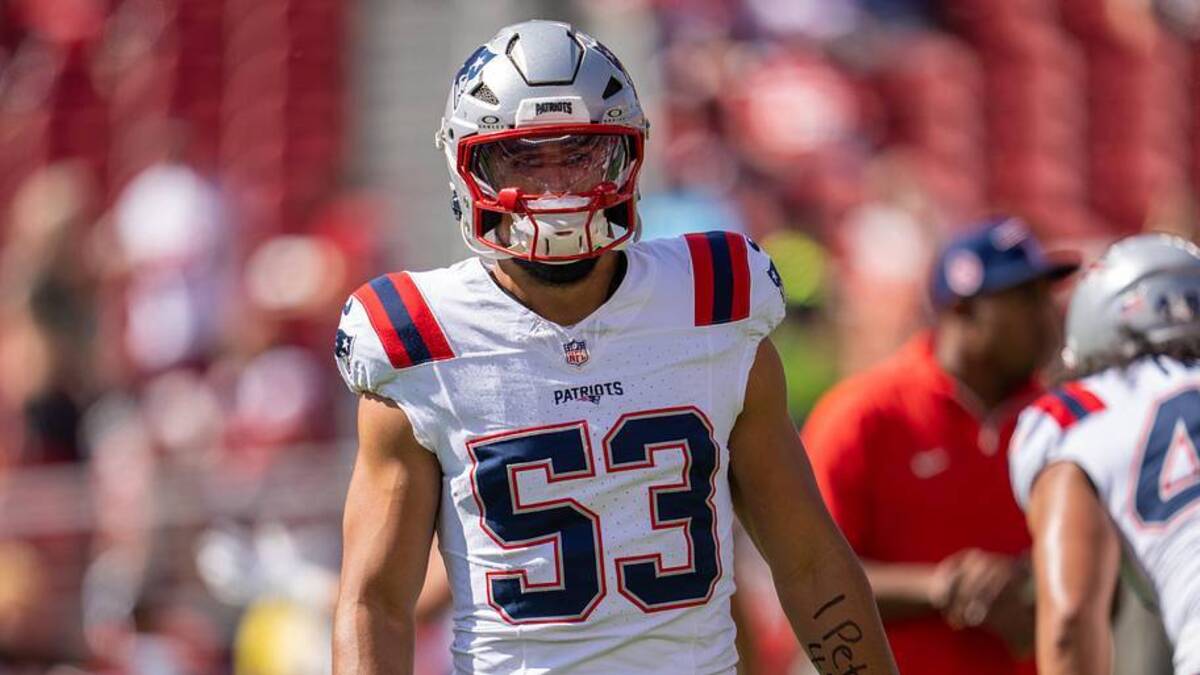  Sep 29, 2024; Santa Clara, California, USA; New England Patriots linebacker Christian Elliss (53) during warmups before the start of the game against the San Francisco 49ers at Levi's Stadium. Mandatory Credit: Neville E. Guard-Imagn Images | Neville E. Guard-Imagn Images 