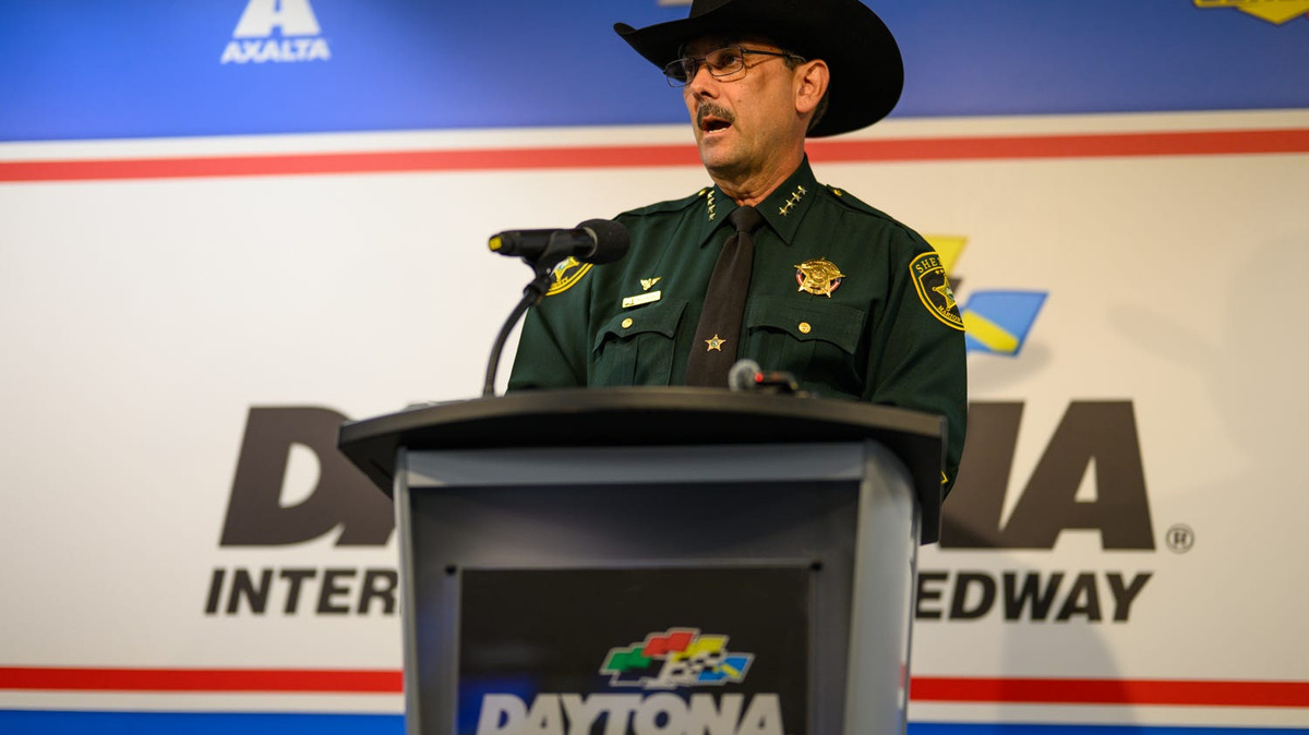Marion County Sheriff Billy Woods speaks during a press conference for Operation Southern Slow Down on July 13, 2026, at Daytona International Speedway. The weeklong enforcement campaign looks to corral speeders and reckless drivers.