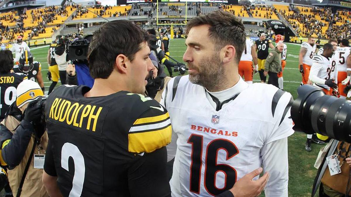  Nov 16, 2025; Pittsburgh, Pennsylvania, USA; Pittsburgh Steelers quarterback Mason Rudolph (2) greets Cincinnati Bengals quarterback Joe Flacco (16) after the game at Acrisure Stadium. Mandatory Credit: Charles LeClaire-Imagn Images | Charles LeClaire-Imagn Images 