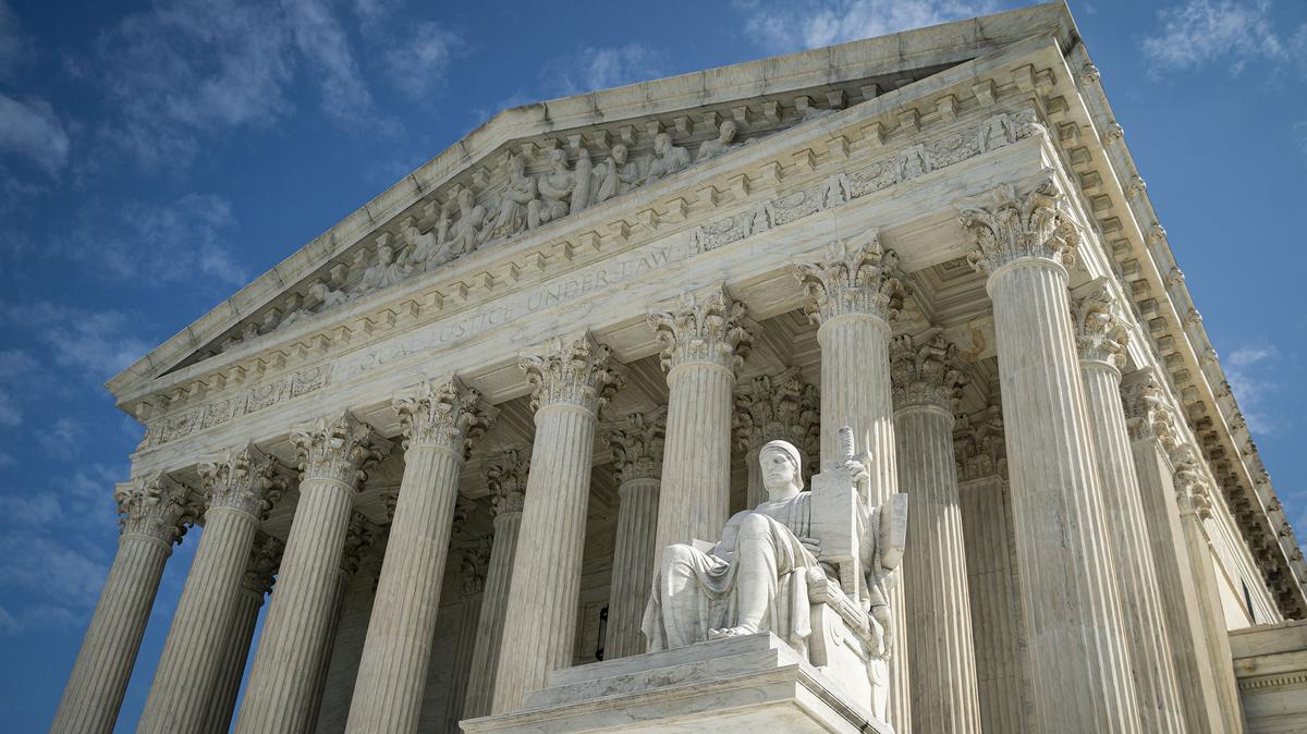 The Guardian or Authority of Law, created by sculptor James Earle Fraser, rests on the side of the U.S. Supreme Court on Sept. 28, 2020, in Washington, D.C.  (Al Drago/Getty Images/TNS)