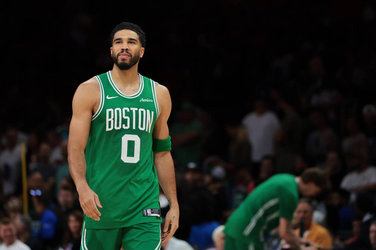  Boston Celtics forward Jayson Tatum (0) looks on before the game against the Miami Heat on April 1, 2026. Sam Navarro-Imagn Images