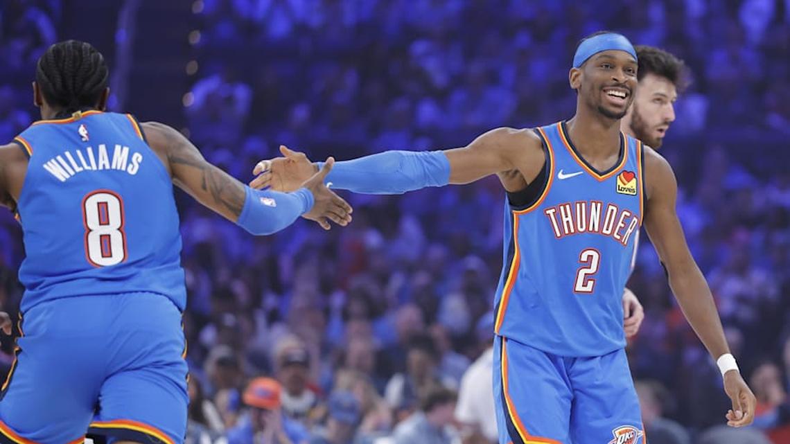  Oklahoma City Thunder guard Shai Gilgeous-Alexander celebrates with teammate Jalen Williams. | Alonzo Adams-Imagn Images 