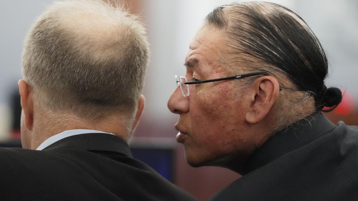 Chasing Horse Sentencing. FILE - Nathan Chasing Horse, right, talks to his attorney Craig Mueller during his trial on charges of sexually abusing Indigenous women and girls, Jan. 13, 2026, in Las Vegas. (AP Photo/Ty ONeil, file)