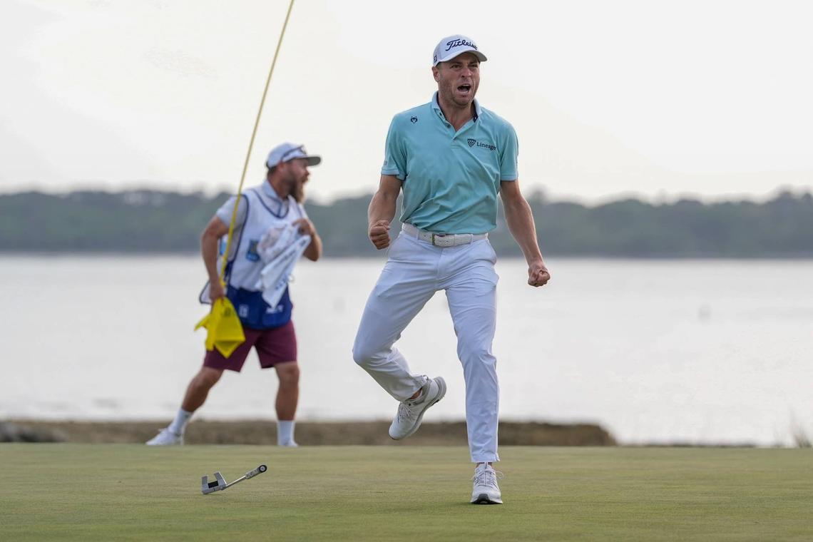  Justin Thomas reacts to his winning putt at the 2025 RBC Heritage. April 20, 2025; Hilton Head, South Carolina. Credit: Jim Dedmon-Imagn Images 