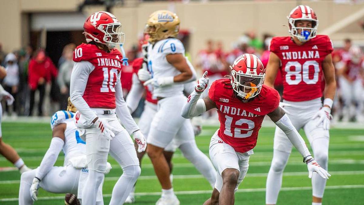  Indiana's Devan Boykin (12) celebrates a tackle during the Indiana versus UCLA football game at Memorial Stadium on Saturday, Oct. 25, 2025. | Rich Janzaruk/Herald-TImes / USA TODAY NETWORK via Imagn Images 