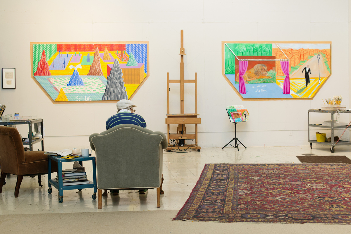 FILE -- The 80-year-old English artist David Hockney in his studio at his home in Los Angeles, Aug. 22, 2017. Hockney, whose colorful figurative paintings were both conservative and iconoclastic, defying the dominant abstract schools of the mid-20th century, died at home in London on June 11, 2026. He was 88. (Nathanael Turner/The New York Times)