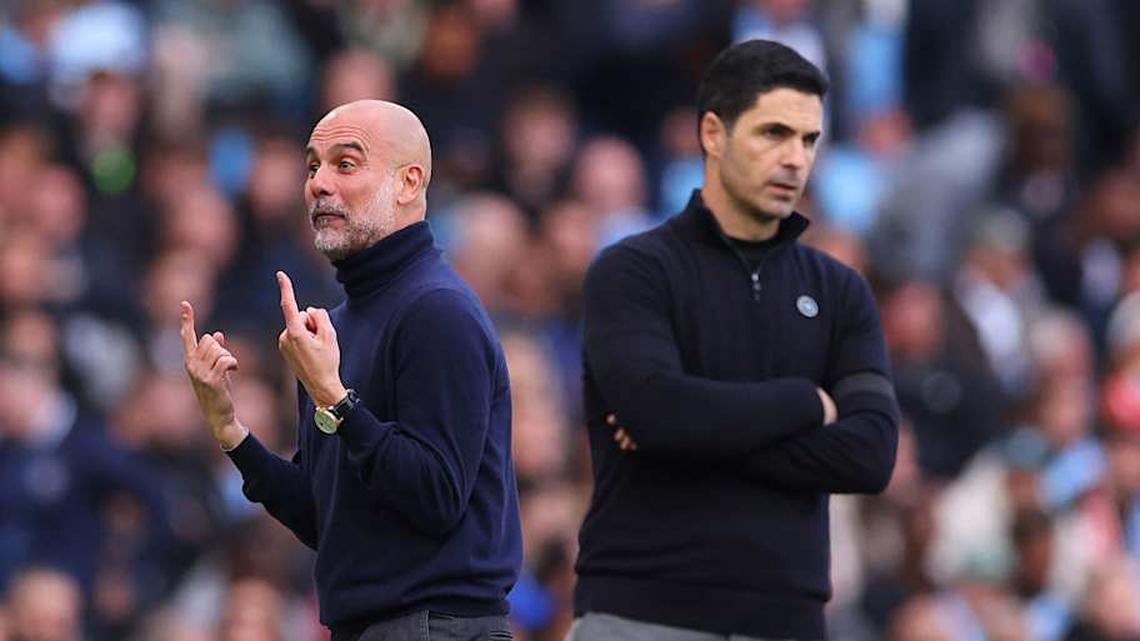  Pep Guardiola (left) and Mikel Arteta have shared some must-see battles over the years. | Catherine Ivill/AMA/Getty Images 