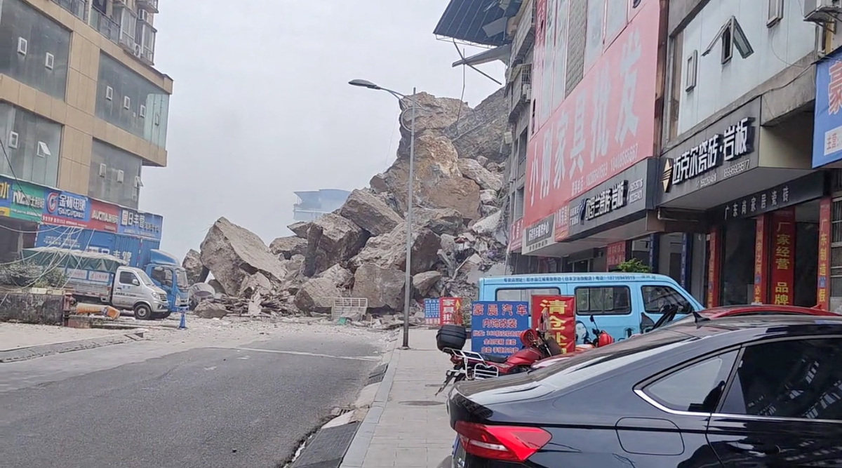 Debris at the site of buildings that collapsed due to a landslide in Chongqing, China, July 17, 2026, in this screengrab obtained from a social media video. Social Media/via REUTERS