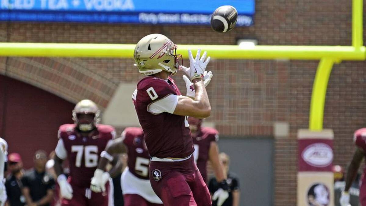  Sep 6, 2025; Tallahassee, Florida, USA; Florida State Seminoles wide receiver Duce Robinson (0) catches a touchdown during the first half against the East Texas A&M at Doak S. Campbell Stadium. Mandatory Credit: Melina Myers-Imagn Images | Melina Myers-Imagn Images 