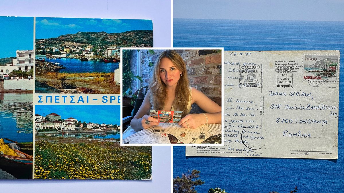 (L-R): A postcard sent from Sheila to Dianu; Poppy Newdick with the postcards; and a letter. 