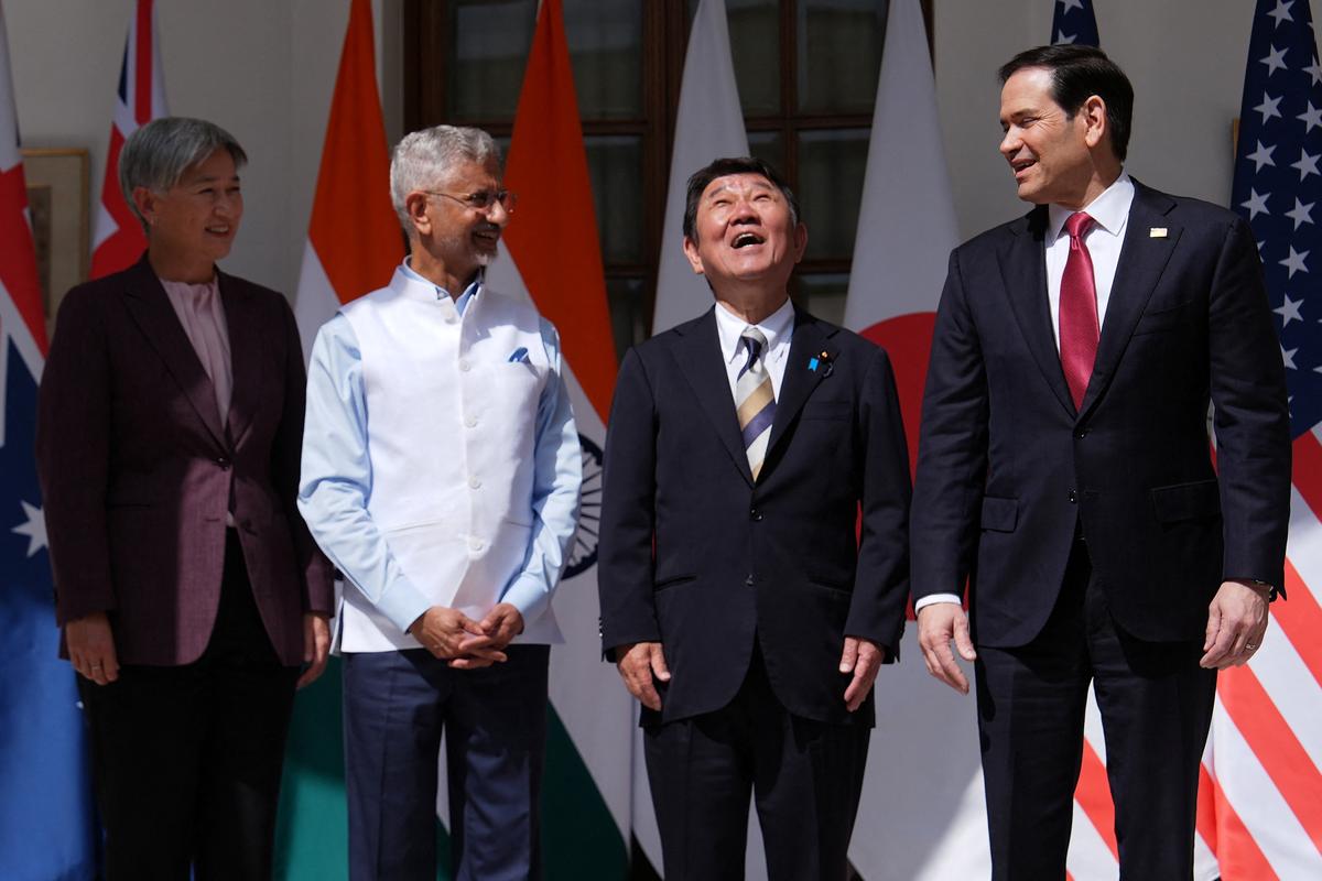 From left, Australian Foreign Minister Penny Wong, India’s Minister of External Affairs S. Jaishankar, Japanese Foreign Minister Toshimitsu Motegi and U.S. Secretary of State Marco Rubio pose on the day of a Quad ministerial meeting at Hyderabad House in New Delhi, India, Tuesday, May 26, 2026. Julia Demaree Nikhinson/Pool via REUTERS