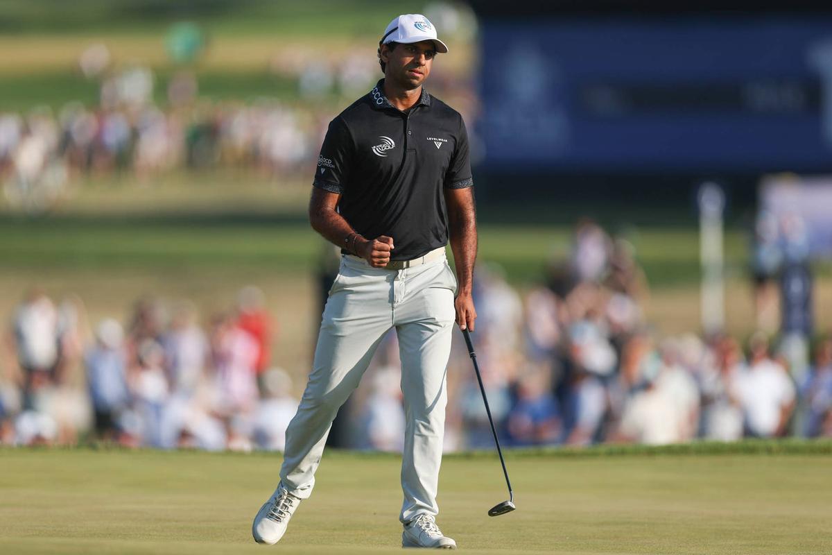  Aaron Rai celebrates after his putt on the 17th hole during the final round of the PGA Championship at Aronimink Golf Club on Sunday, May 17, 2026, in Newtown Square, Pennsylvania. (Photo by Maddie Meyer/PGA of America)