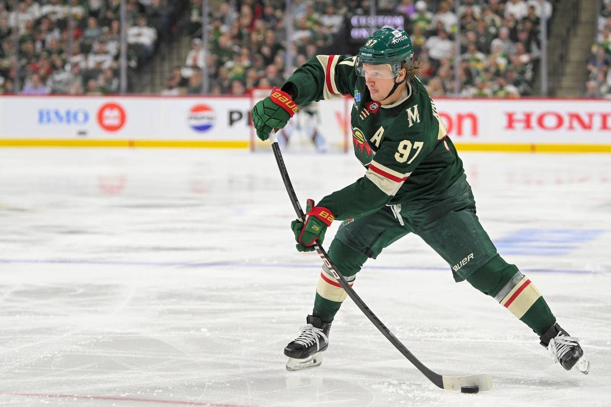  Minnesota Wild forward Kirill Kaprizov takes a shot on goal during the first round of the 2025 Stanley Cup Playoffs at Xcel Energy Center. Nick Wosika-Imagn Images 