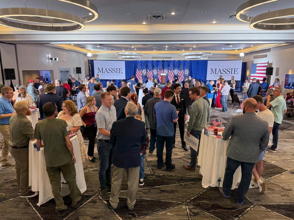 Supporters wait at incumbent Rep. Thomas Massie’s election night event for the Republican primary in Kentucky's 4th congressional district in the U.S. House of Representatives, in Hebron, Kentucky, U.S., May 19, 2026. REUTERS/Evan Garcia