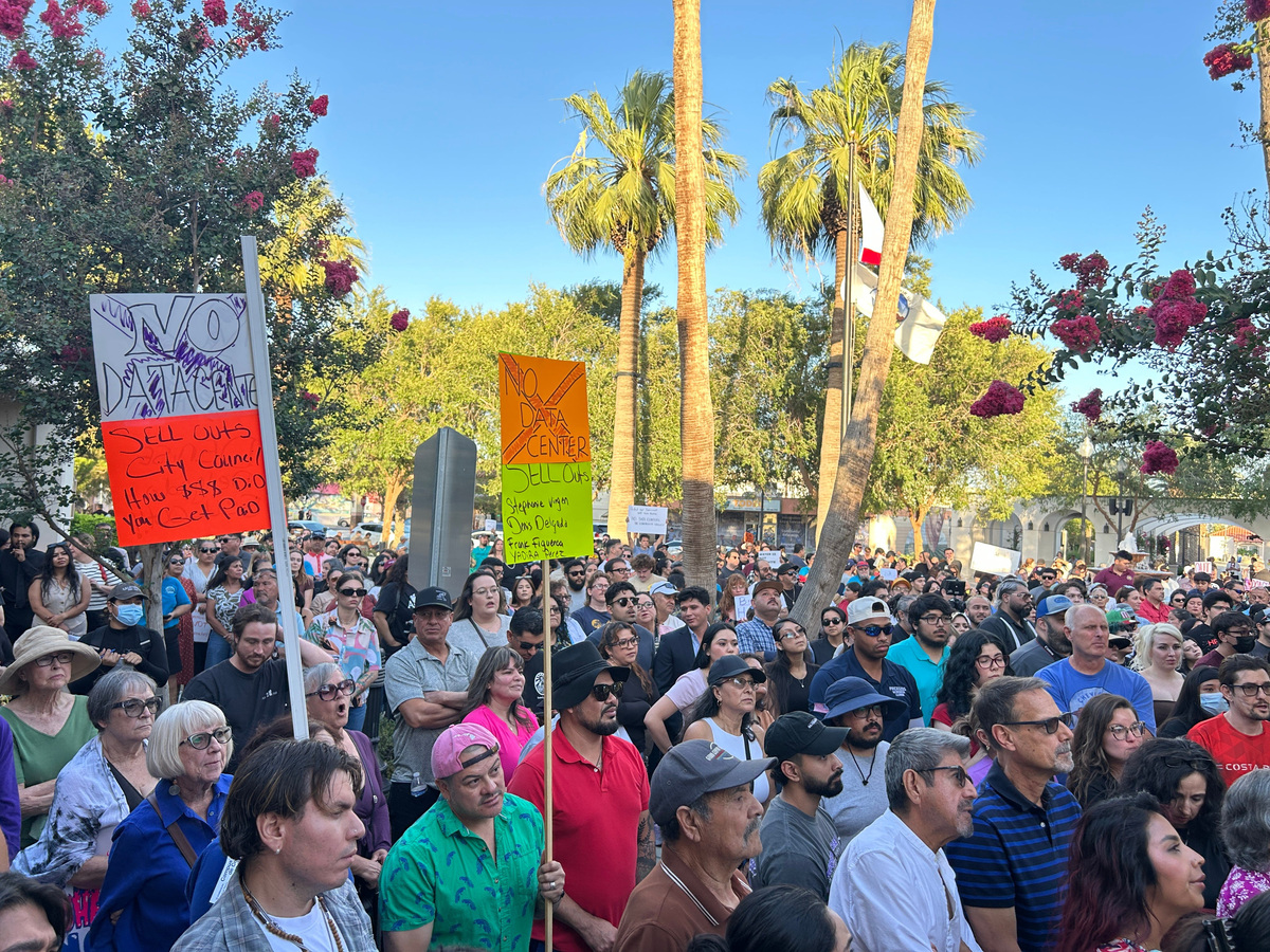 A few hundred residents protested outside Coachella City Hall on Wednesday, May 27, in opposition to a proposed data center project on the eastern side of the city.
