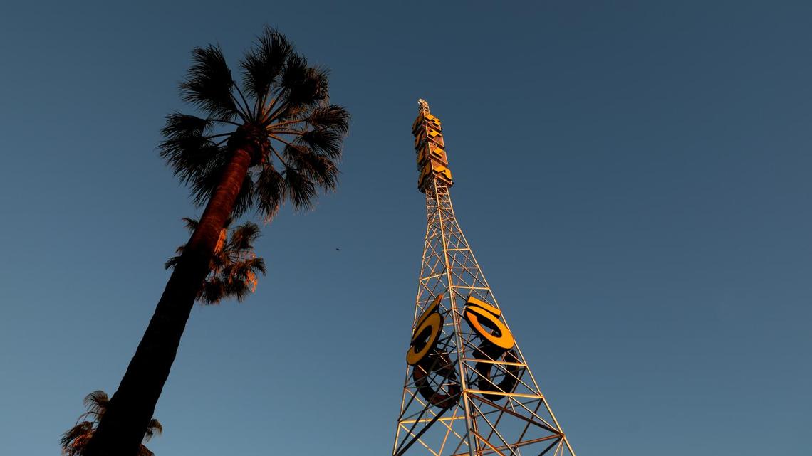 LOS ANGELES, CA - FEBRUARY 07: KTLA Channel 5 transmission tower, at Sunset and Bronson, on Monday, Feb. 7, 2022 in Los Angeles, CA. The 75th anniversary of KTLA, Los Angeles' original television station. (Gary Coronado / Los Angeles Times)