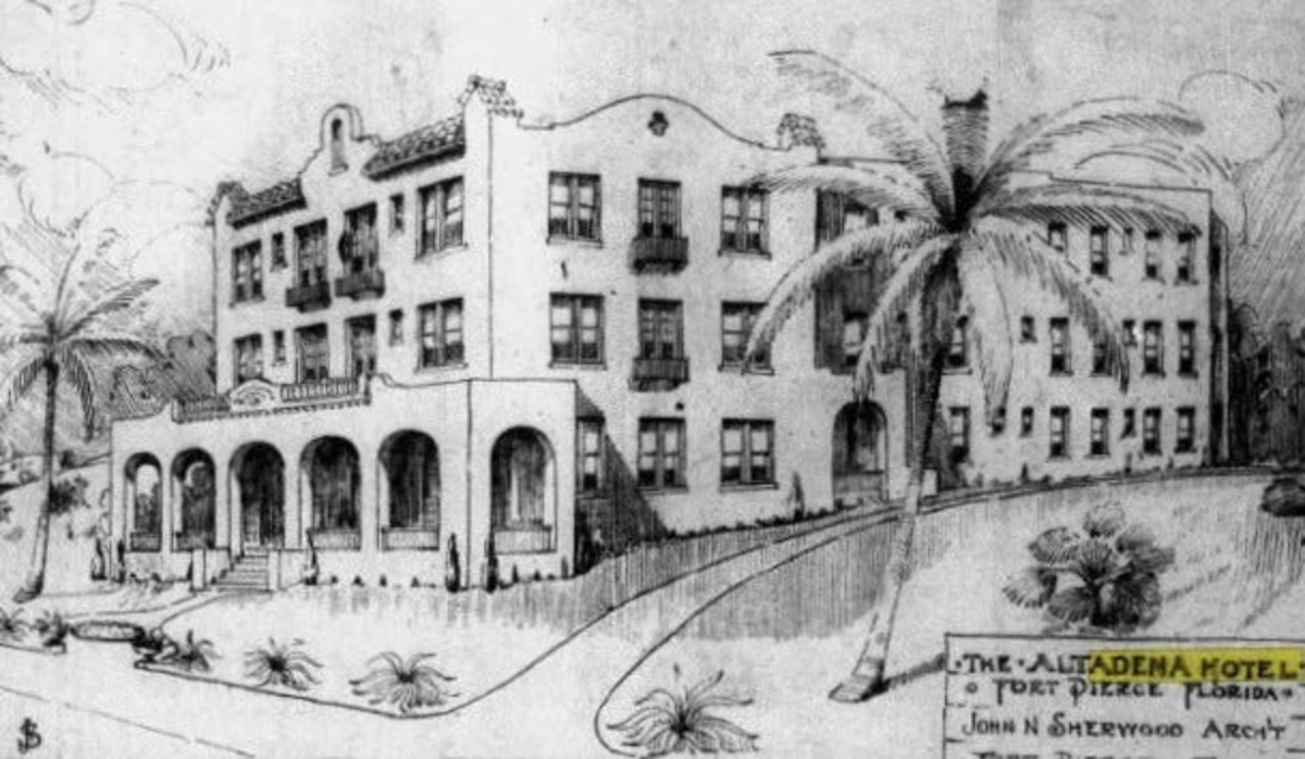 The Altadena Hotel in Fort Pierce (pictured in this newspaper illustration) opened Jan. 5, 1925, and was the sister hotel of the Sebastian Inn opened Feb 18, 1926. Both hotels were built by Fort Pierce developer F.E. Gober and Macon, Georgia, engineer James Robert Odom, who built many hotels throughout Florida and Georgia during the 1925 real estate boom. Gober and Odom also built the adjacent Altadena subdivision. Built on the hill at Avenue H and Seventh Street, the 50-room Spanish-Mediterranean Altadena Hotel "commands a magnificent view" of the Indian River Lagoon and the port, harbor, inlet and causeway, the newspaper reported. For six years, the Altadena was owned by Alto Adams, W.H. Haines and the family that operated it, Mrs. Viola Hughes and her son, Nat. Adams also built his two-story house on the southeast corner, but it was razed in the 1980s. Grandson Mike Adams said the family doesn't have a photo of that house. Earl Roberts of Earl's Hideaway owned the Sebastian Inn from 1944-55. That's when he and life partner Grace Martin, the hotel assistant manager and restaurant hostess, moved Earl's Bar & Package Store from the hotel to '3/4 miles north on left,' a sign said.