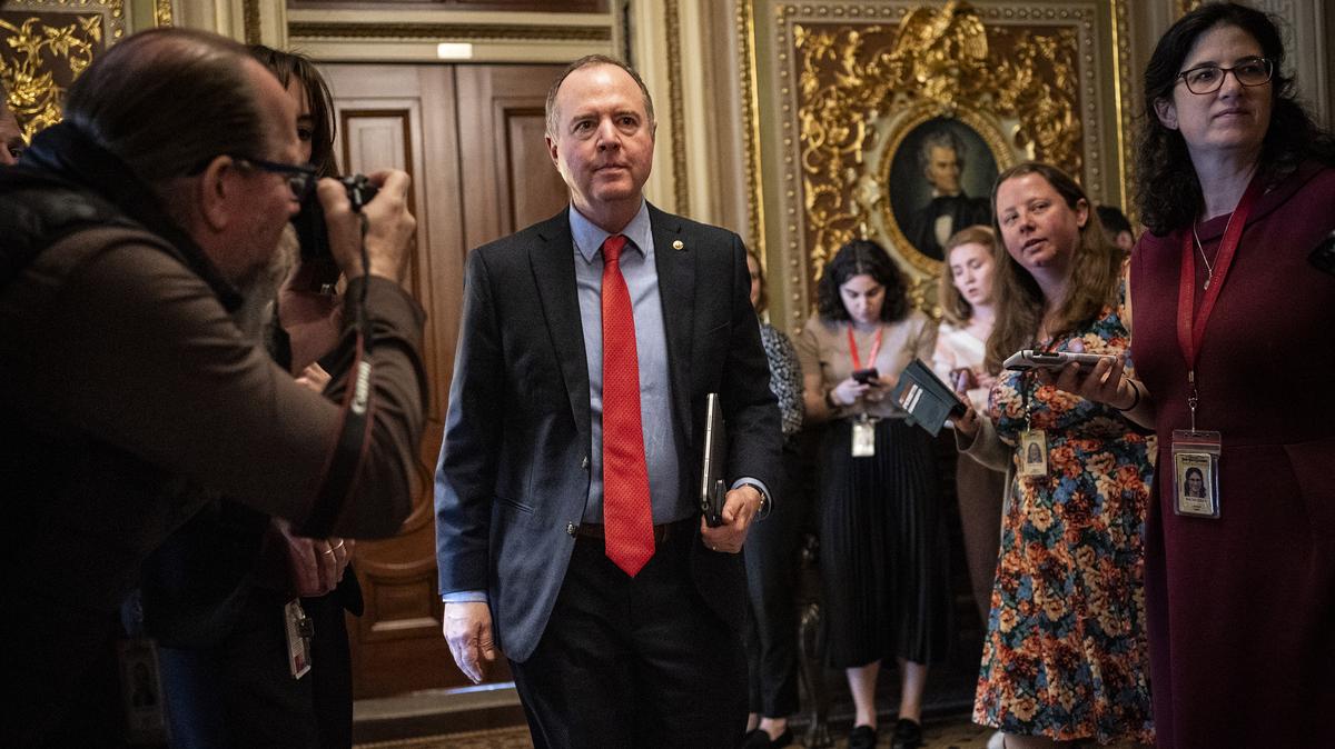 FILE -- Sen. Adam Schiff (D-Calif.) after a Senate Democratic luncheon on Capitol Hill, in Washington, March 13, 2025. If acting Director of National Intelligence Bill Pulte gives President Donald Trump what he wants -- the declassification of more documents related to Russia, more officers expunged or possibly another attempt to investigate and discredit Schiff, it could further inflame the conflicts across the spy agencies or undercut their credibility. (Haiyun Jiang/The New York Times)