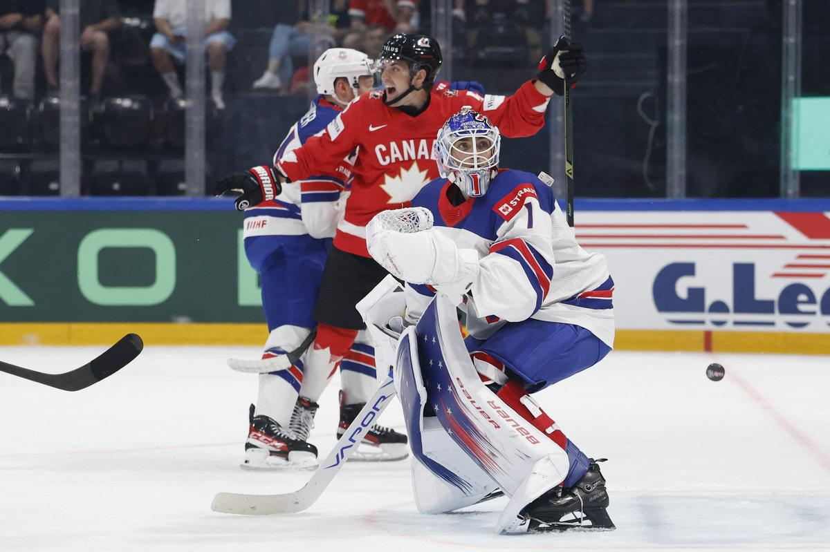 Ice Hockey - IIHF World Championships - Quarter Final - Canada v United States - BCF Arena, Fribourg, Switzerland - May 28, 2026 Canada's Denton Mateychuk celebrates after Macklin Celebrini scores their first goal REUTERS/David W Cerny