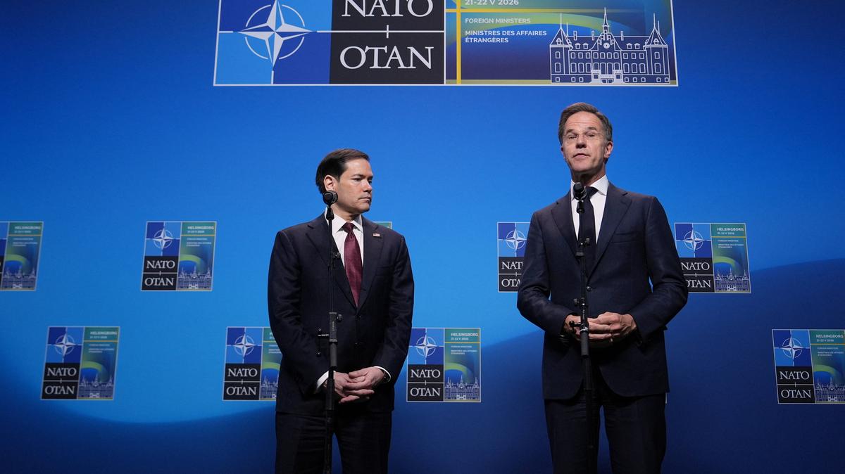United States Secretary of State Marco Rubio, left, and NATO Secretary General Mark Rutte deliver a statement during a meeting of NATO foreign ministers in Helsingborg, Sweden, Friday, May 22, 2026.     Julia Demaree Nikhinson/Pool via REUTERS