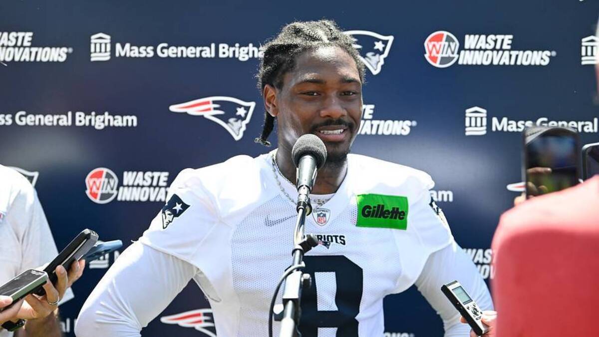  Jul 23, 2025; Foxborough, MA, USA; New England Patriots wide receiver Stefon Diggs (8) addresses the media after practice during day one of training camp at Gillette Stadium. Mandatory Credit: Eric Canha-Imagn Images | Eric Canha-Imagn Images 