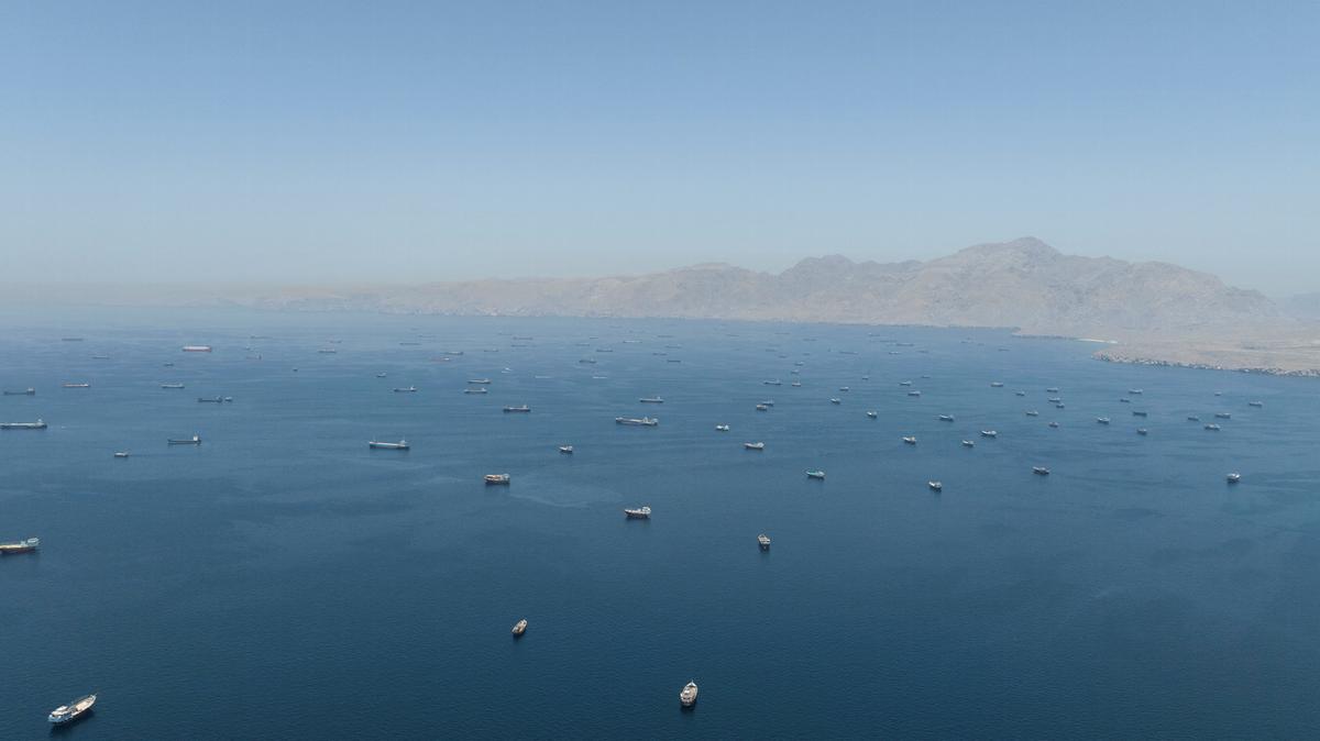 A drone view shows vessels anchored at the Strait of Hormuz, as seen from Musandam, Oman, May 25, 2026. REUTERS/Stringer