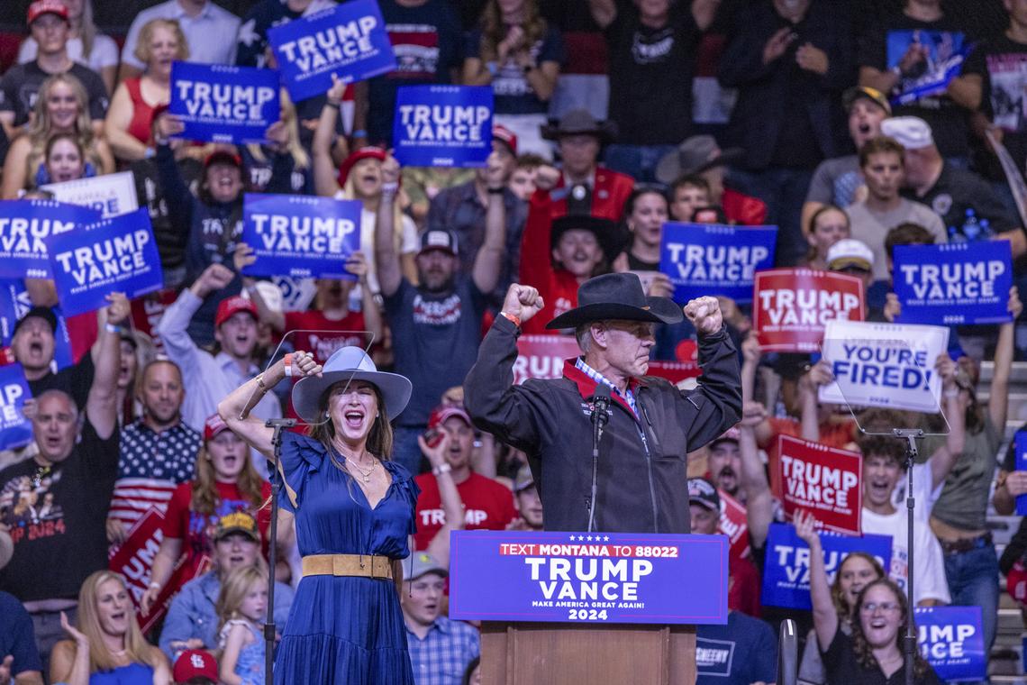 FILE -- Rep. Ryan Zinke (R-Mont.) speaks at a rally for former President Donald Trump in Bozeman, Mont., Aug. 9, 2024. Weighed down by President Trump's approval ratings, some Republican incumbents are struggling to raise money while Democrats look for targets like a Tennessee seat south of Nashville. (Louise Johns/The New York Times)