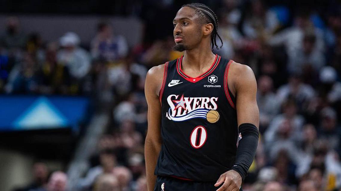  Apr 10, 2026; Indianapolis, Indiana, USA; Philadelphia 76ers guard Tyrese Maxey (0) in the second half against the Indiana Pacers at Gainbridge Fieldhouse. | Trevor Ruszkowski-Imagn Images 