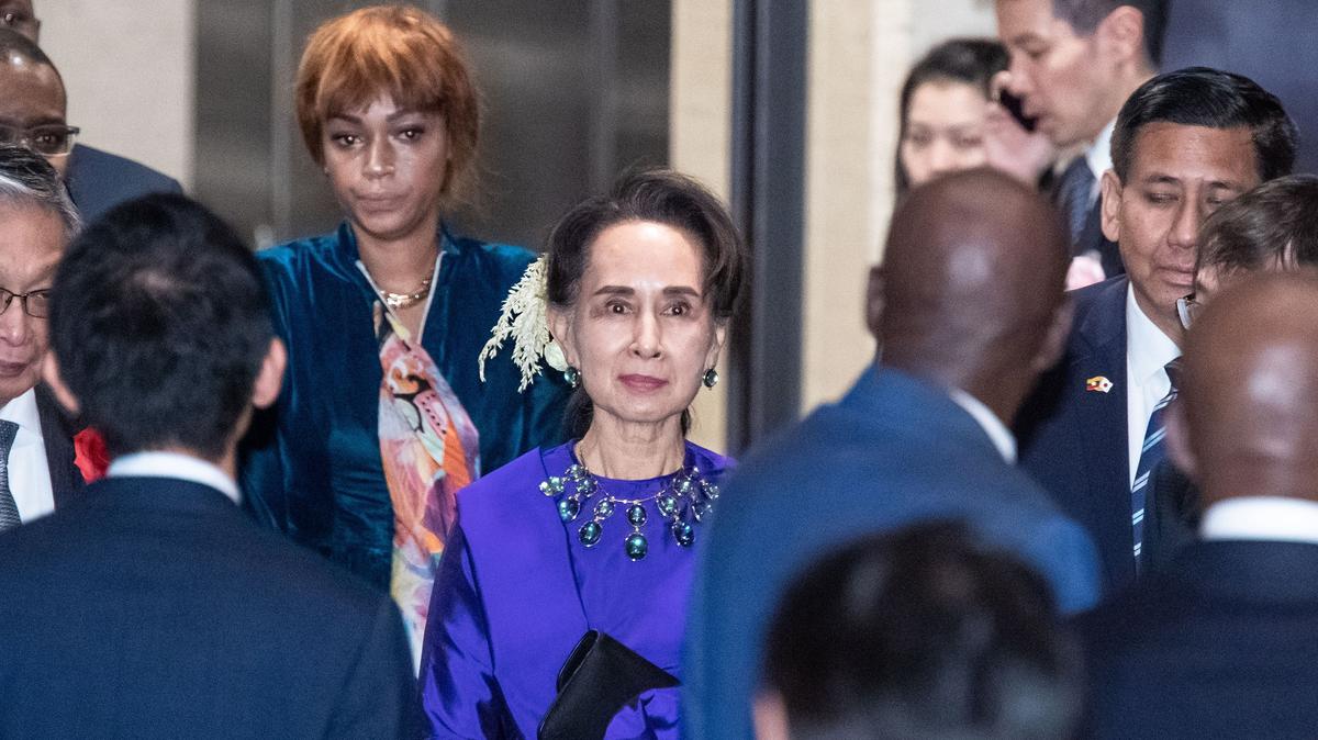 Aung San Suu Kyi, center, pictured on Oct. 23, 2019, in Tokyo. Suu Kyi was detained by her country's military on Feb. 1, 2021. Suu Kyi has been moved from prison to house arrest, local media reported Thursday, April 30, 2026. (Alan Jianlan Zhai/Pool/Getty Images/TNS)
