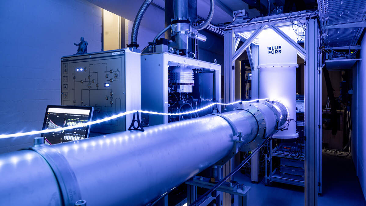 A photo provided by the university ZTH Zurich in Switzerland shows the cryogenic quantum link that connected the two supercooling refrigerators, or cryostats, as part of an experiment in random number generation. Encryption systems rely on “random” numbers, but conventional computers can’t generate them perfectly. New research shows that quantum physics can.