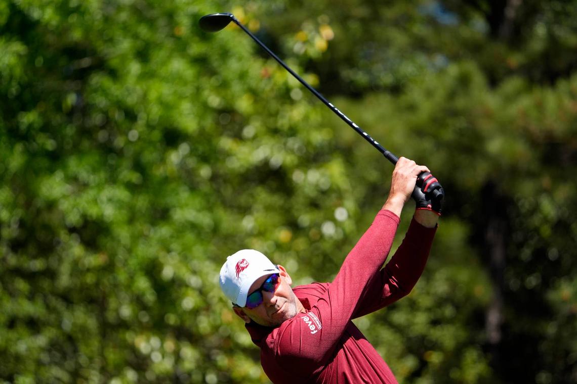  Sergio Garcia tees off on the fifth hole during the first round of the Masters Tournament at Augusta National Golf Club. 