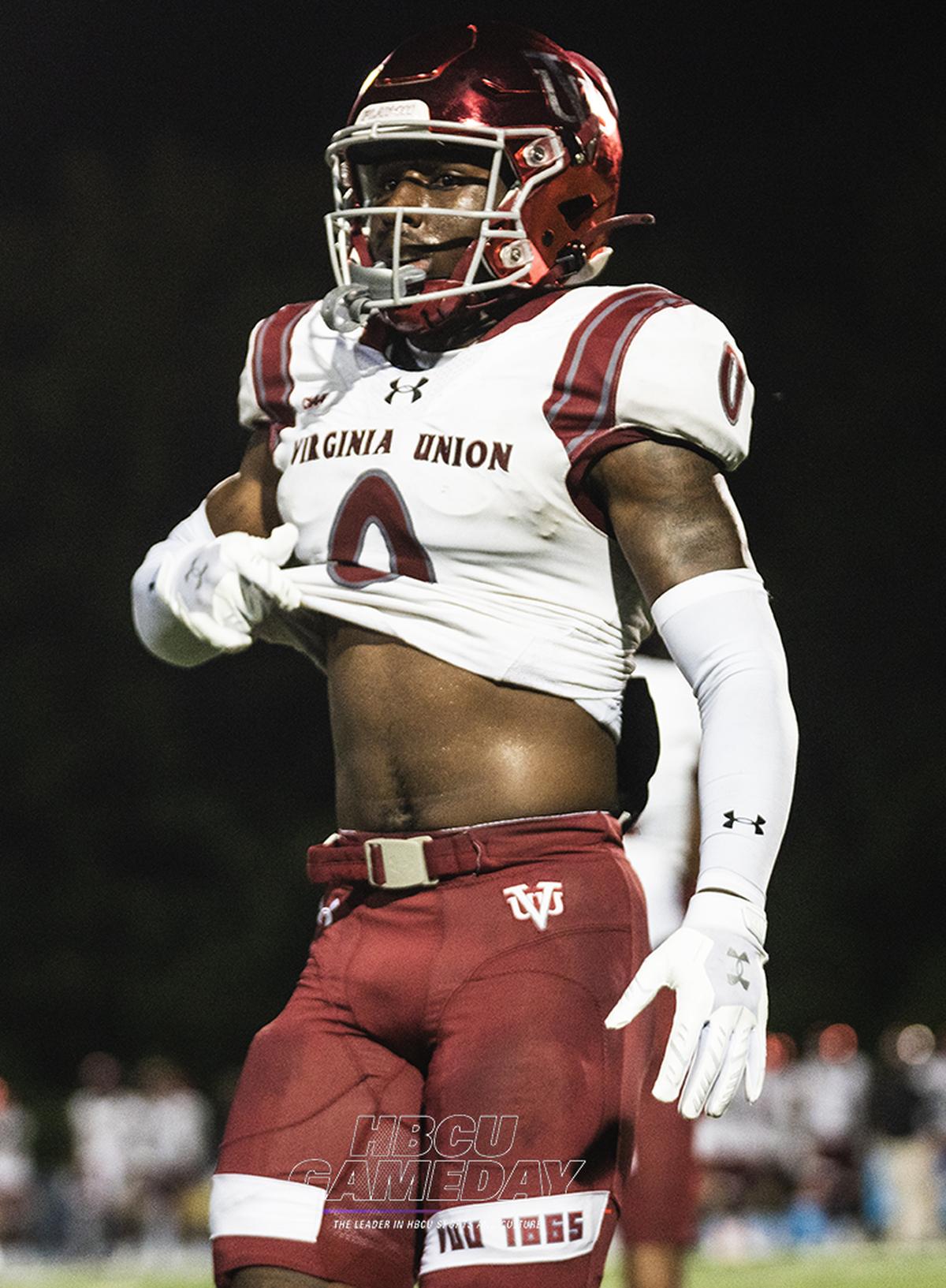  Virginia Union safety Will Davis taunts JCSU defenders by lifting up his shirt. His number, zero, is the number of wins and losses VUU has in CIAA play. (Steven J. Gaither/HBCU Gameday photo)