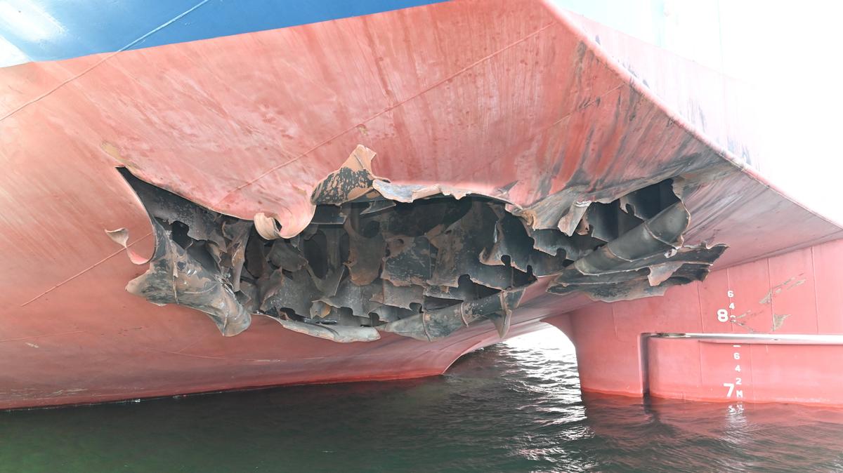 The damaged stern of a bulk carrier operated by South Korean shipper HMM, after it was struck by two unidentified objects on May 4 while stranded in the Strait of Hormuz, in this handout picture released on May 10, 2026.    South Korean Foreign Ministry/Handout via REUTERS   ATTENTION EDITORS - THIS IMAGE HAS BEEN SUPPLIED BY A THIRD PARTY.