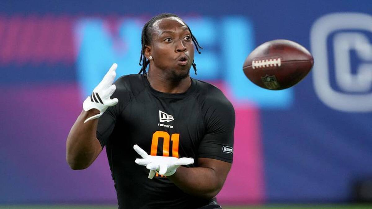  Feb 28, 2026; Indianapolis, IN, USA; Penn State running back Kaytron Allen (RB01) during the NFL Scouting Combine at Lucas Oil Stadium. | Kirby Lee-Imagn Images 