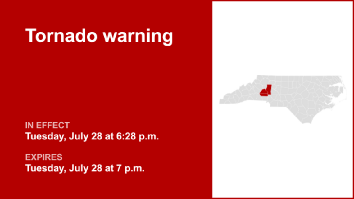 UPDATE: Quarter-sized hail possible - tornado warning issued for North Carolina Tuesday 