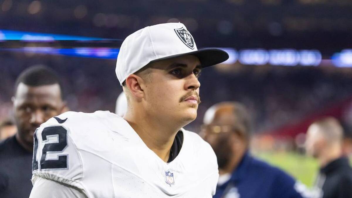  Aug 23, 2025; Glendale, Arizona, USA; Las Vegas Raiders quarterback Aidan O'Connell (12) against the Arizona Cardinals during a preseason NFL game at State Farm Stadium. Mandatory Credit: Mark J. Rebilas-Imagn Images | Mark J. Rebilas-Imagn Images 