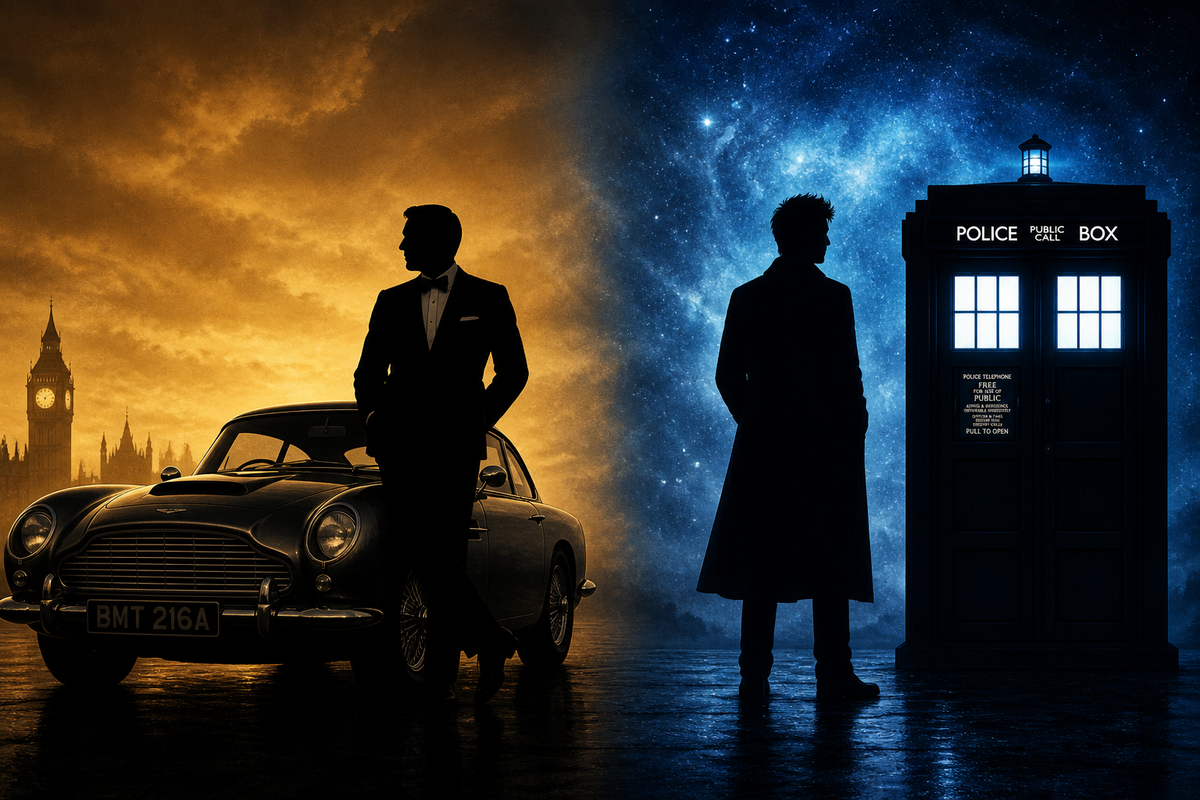 Silhouettes of James Bond with the Aston Martin and Doctor Who with the TARDISConcept art