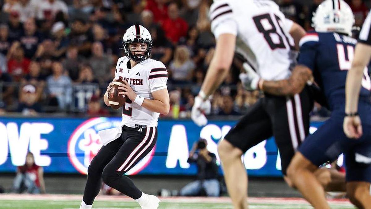  Oct 5, 2024; Tucson, Arizona, USA; Texas Tech Red Raiders quarterback Behren Morton (2) looks to throw the ball during the first quarter against Arizona Wildcats at Arizona Stadium. Mandatory Credit: Aryanna Frank-Imagn Images | Aryanna Frank-Imagn Images 