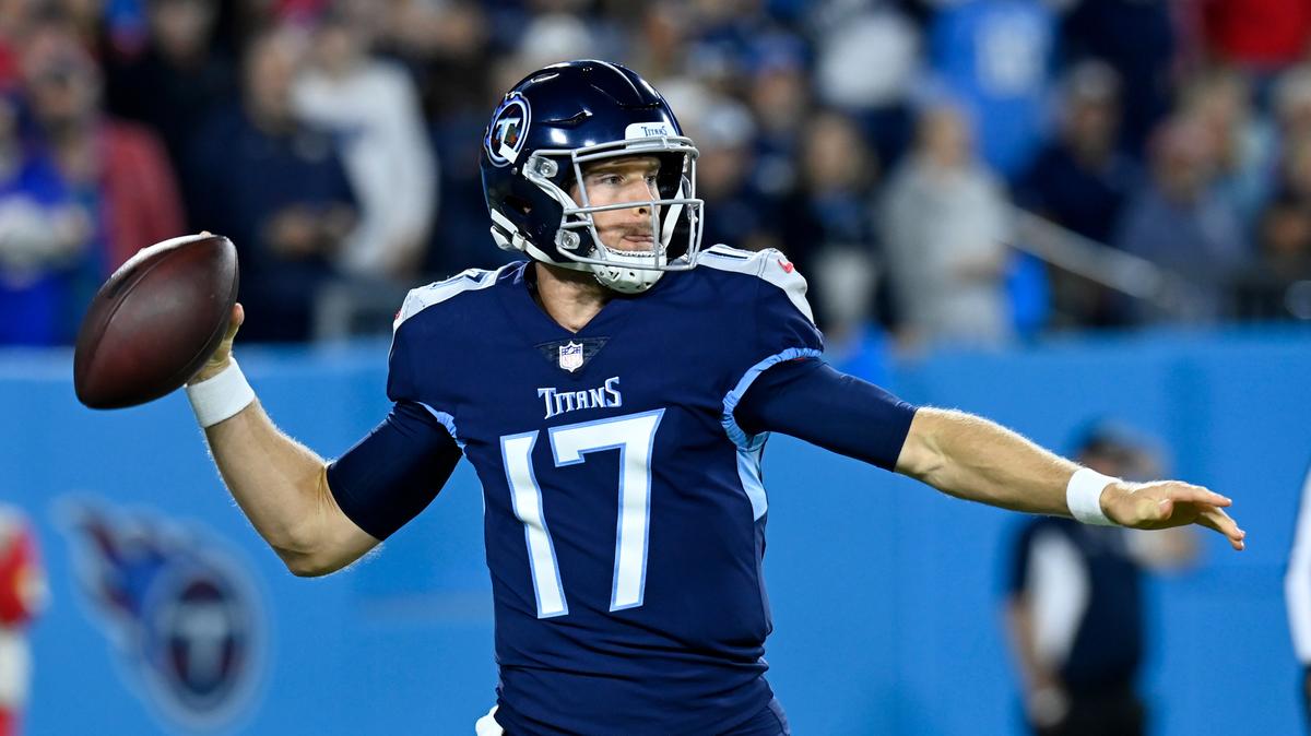 Tennessee Titans quarterback Ryan Tannehill passes against the Buffalo Bills in the first half of an NFL football game Monday, Oct. 18, 2021, in Nashville, Tenn. (AP Photo/Mark Zaleski)