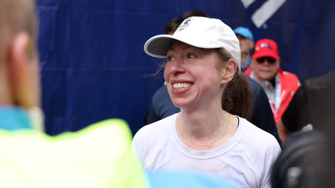 Chelsea Clinton reacts after finishing the 130th Boston Marathon on April 20, 2026, in Boston. (Paul Rutherford/Getty Images/TNS)