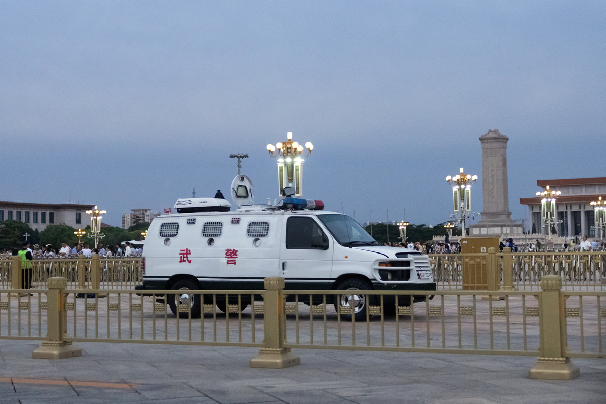 An armoured police car is parked in the Tiananmen Square in Beijing, China, June 3, 2026. REUTERS/Maxim Shemetov