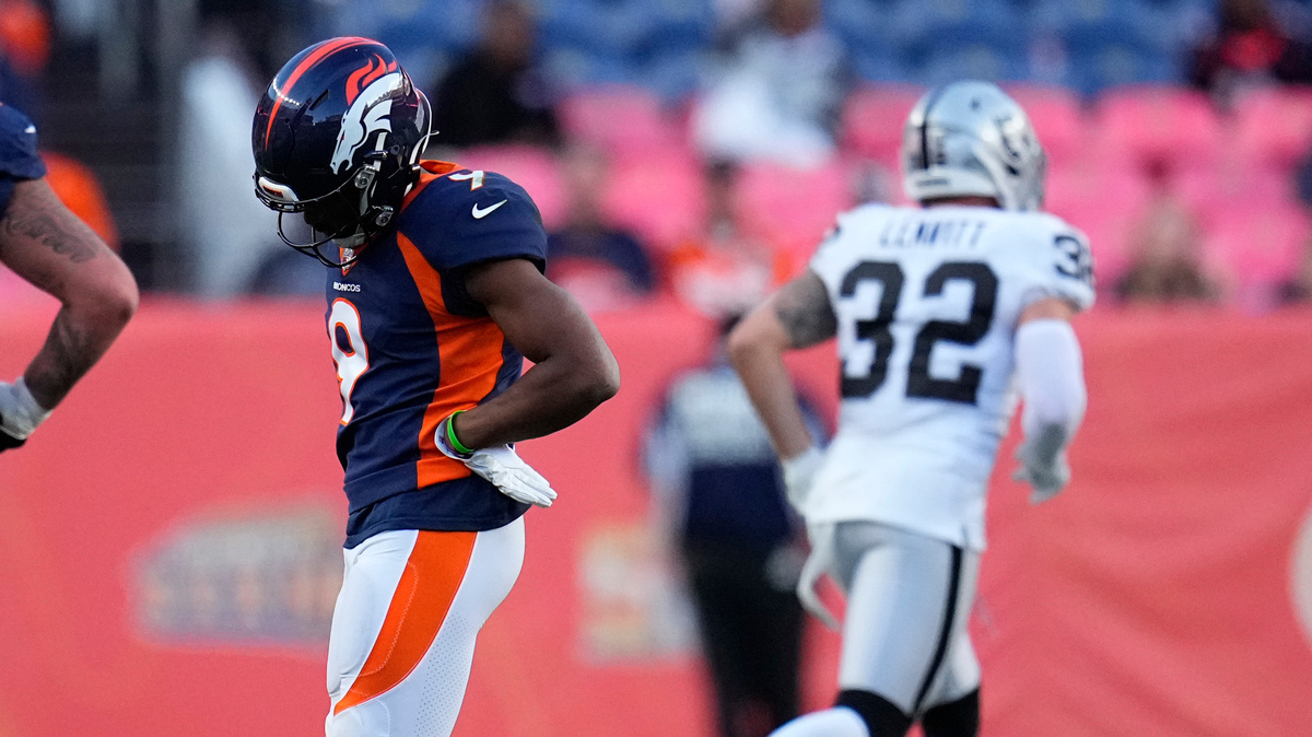 Denver Broncos wide receiver Kendall Hinton (9) walks to the sidelines during the second half of an NFL football game against the Las Vegas Raiders, Sunday, Oct. 17, 2021, in Denver. The Raiders won 34-24. (AP Photo/Jack Dempsey)