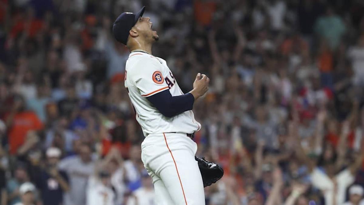  Sep 16, 2025; Houston, Texas, USA; Houston Astros relief pitcher Bryan Abreu (52) reacts after the final out during the ninth inning against the Texas Rangers at Daikin Park. | Troy Taormina-Imagn Images 