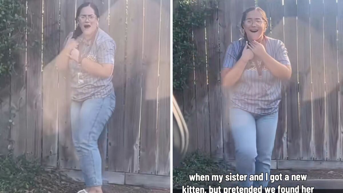 Screenshots from a June 1 TikTok video of sisters pretending they found a stray kitten so they would not get when bringing her home. 