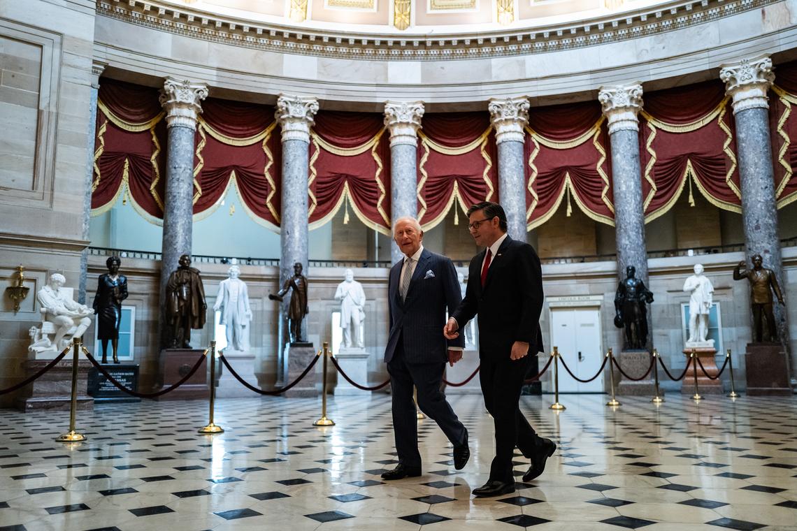 House Speaker Mike Johnson (R-La.), right, walks with King Charles III ahead of his address to a joint meeting of Congress in honor of the 250th anniversary of American independence at the Capitol in Washington, on Tuesday, April 28, 2026. (Salwan Georges/The New York Times)