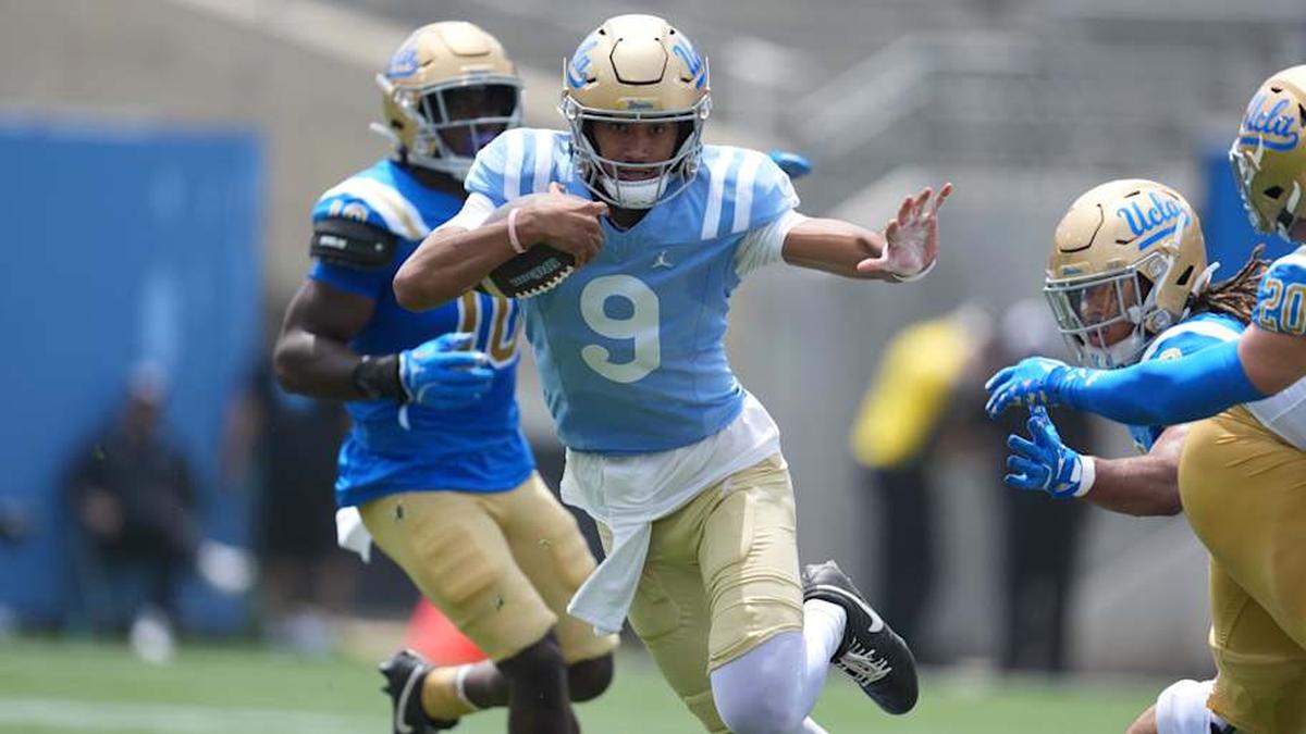  May 2, 2026; Pasadena, CA, USA; UCLA Bruins quarterback Nico Iamaleava (9) carries the ball during the spring game at Rose Bowl. Mandatory Credit: Kirby Lee-Imagn Images | Kirby Lee-Imagn Images 
