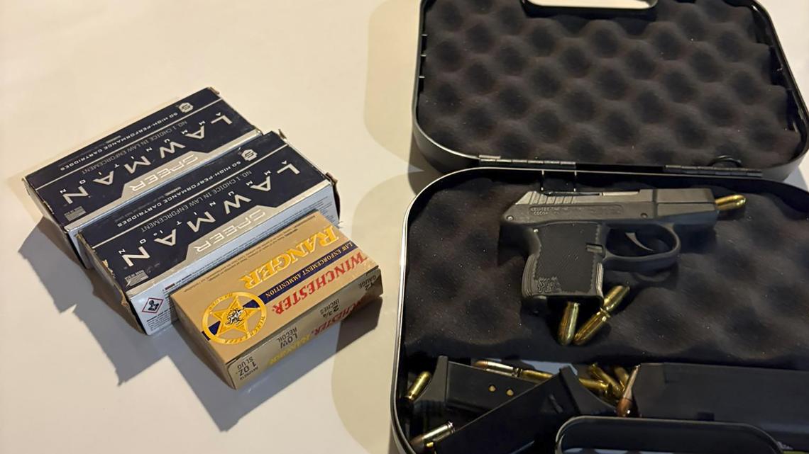 In an undated photo from the Okaloosa County Sheriff's Office, a handgun and roughly 200 rounds of ammunition that authorities say were recovered from Christopher Gillum's hotel room in Destin, Fla. Gillum, a former North Carolina police officer, was arrested on Wednesday after law enforcement authorities determined that he had planned to travel to a large festival in New Orleans to carry out a mass shooting and "commit suicide by cop," officials said.