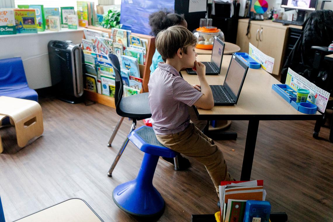  A first grade student uses a special wiggle chair to help stay focused at the McKinley STEAM Academy. Credit: Sylvia Jarrus for The Hechinger Report