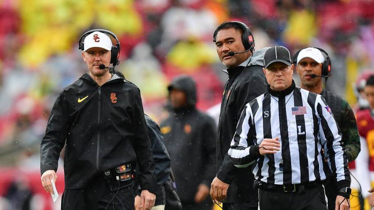  Nov 15, 2025; Los Angeles, California, USA; Southern California Trojans head coach Lincoln Riley watches game action against the Iowa Hawkeyes during the first half at the Los Angeles Memorial Coliseum. Mandatory Credit: Gary A. Vasquez-Imagn Images | Gary A. Vasquez-Imagn Images 
